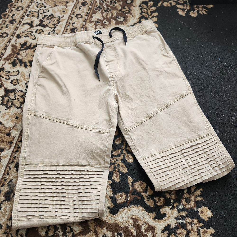 Men's Tan Casual Ribbed Front Khaki Jogger Pants;XL